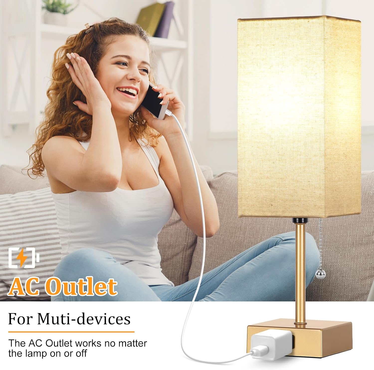 Table Lamp for Bedroom set of 2,3-Color Bedside Lamps with Pull Chain Table Lamps for Nightstand with AC Outlets, Small Night Light Lamps…