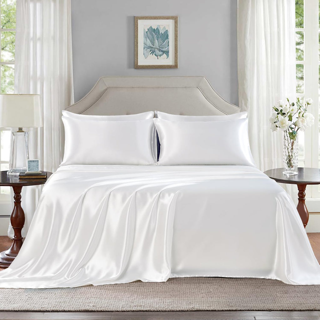 Golal Satin Sheets Full Size - 6 Pieces Luxury Silky Soft Bed Sheets, Wrinkle-Free White Satin Silk Sheet Set with 1 Deep Pocket Fitted She…