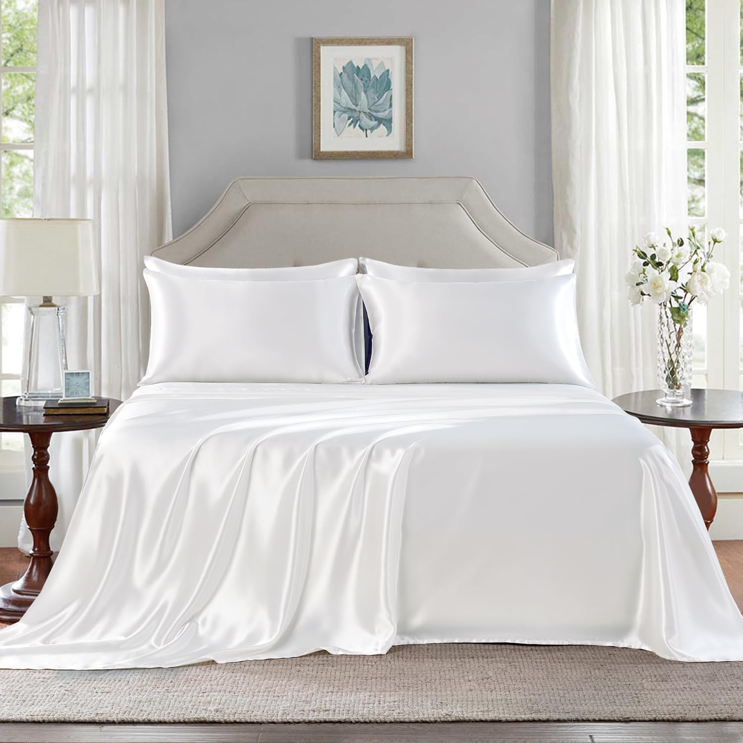 Golal Satin Sheets King Size - 6 Pieces Luxury Silky Soft Bed Sheets, Wrinkle-Free White Satin Silk Sheet Set with 1 Deep Pocket Fitted She…