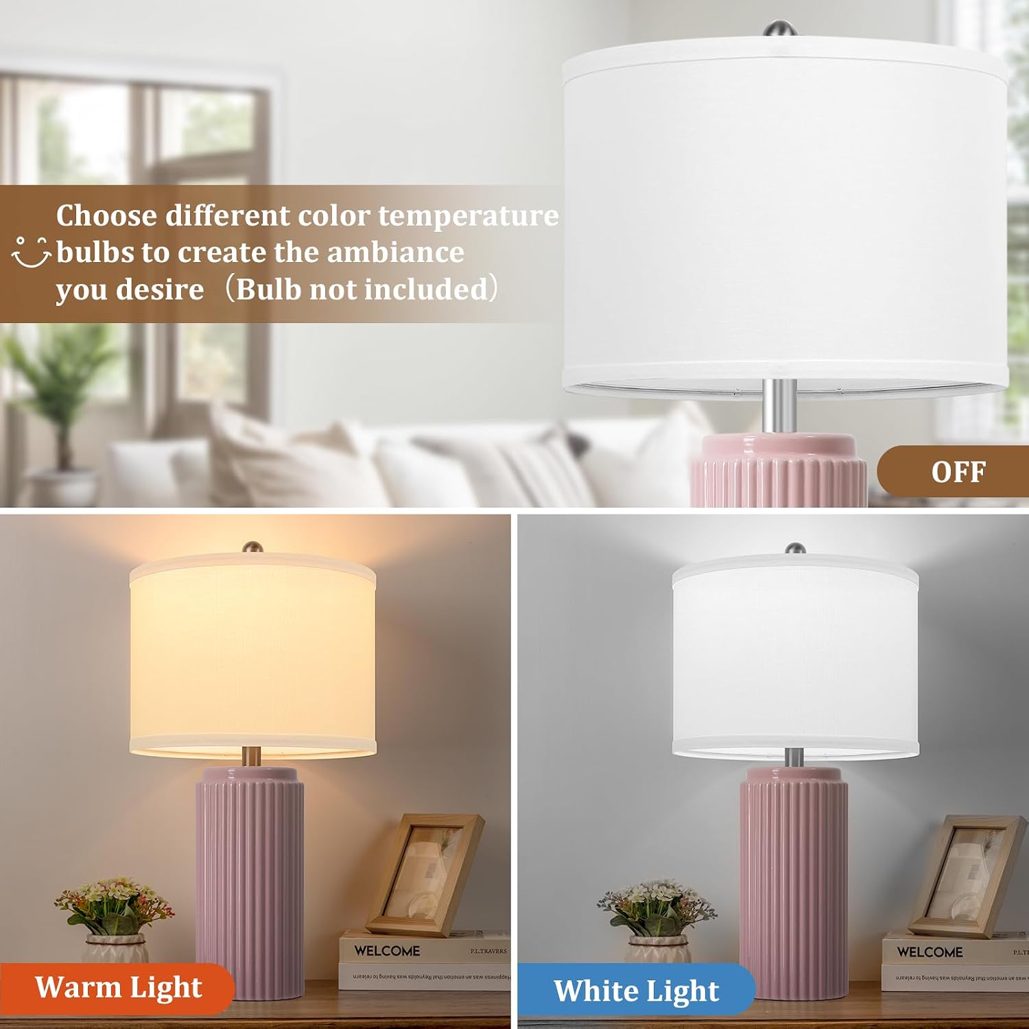 Tobusa 23.5’’ Modern Pink Table Lamps Set of 2 for Living Room, Ceramic Bedside Lamps with White Linen Shade for Girls Room, Rustic Nightst…