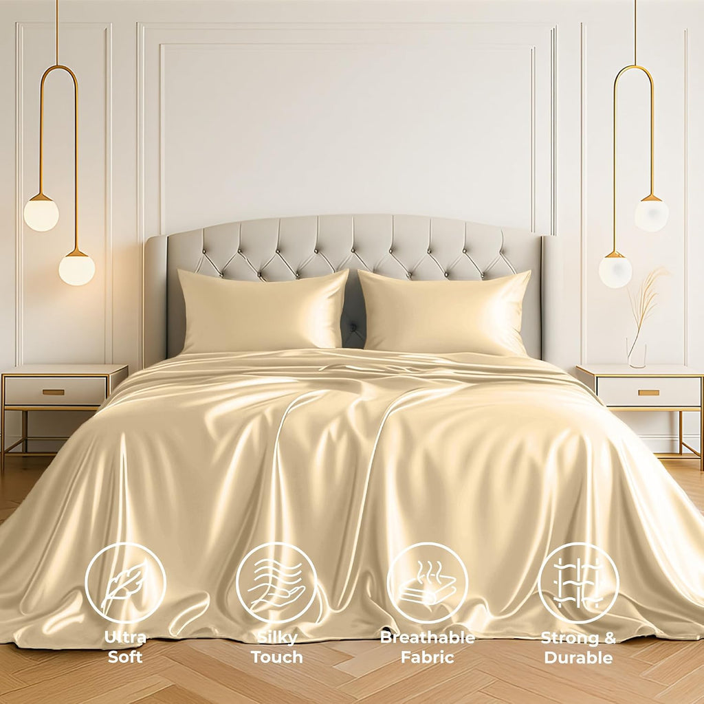 PureBedding Satin Sheets Full [4-Piece, Ivory] Hotel Luxury Silky Bed Sheets - Extra Soft 1800 Microfiber Sheet Set, Wrinkle, Fade, Stain R…