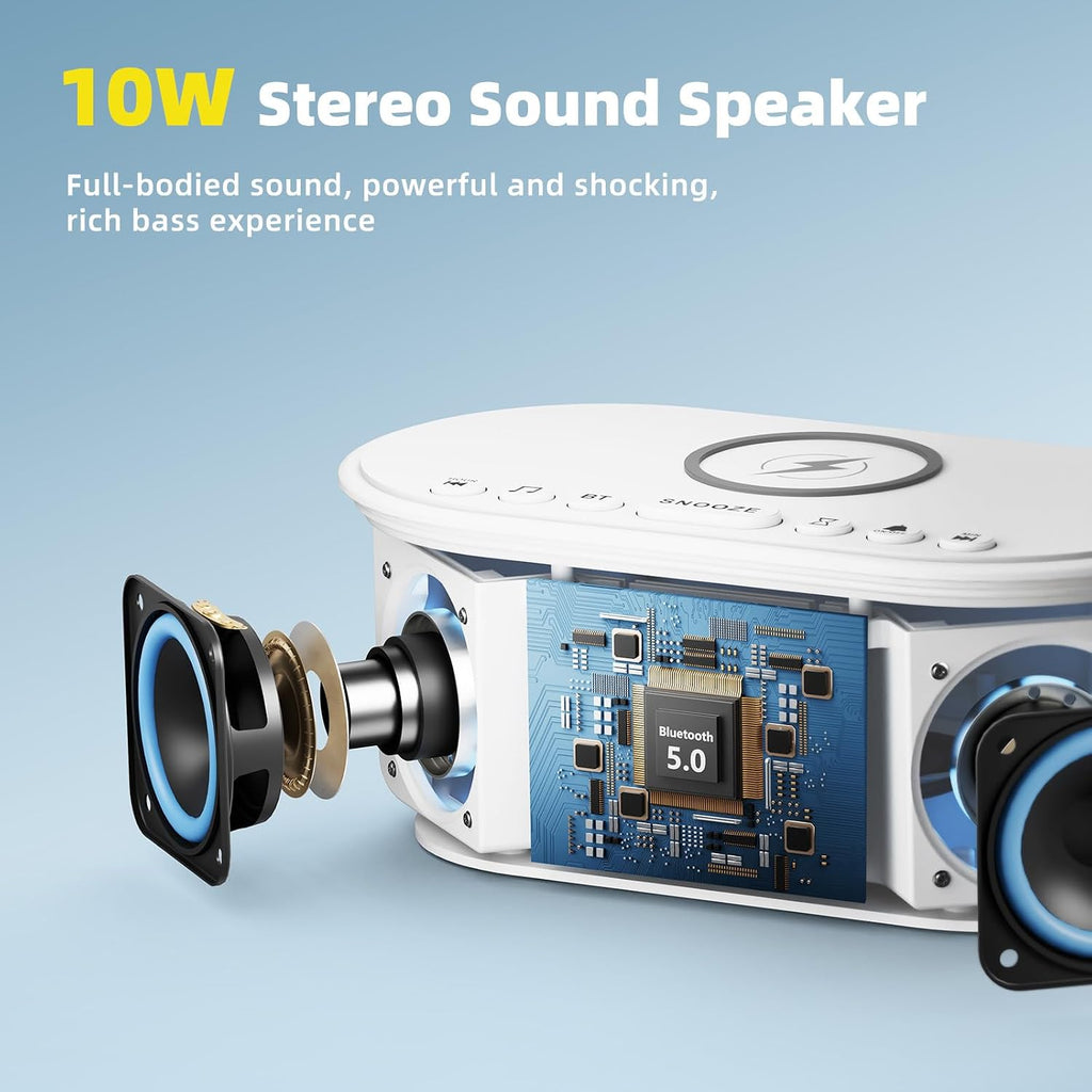 Odokee Sound Machine Alarm Clock Wireless Charger: Bluetooth 10W Stereo Sound Speaker Bedroom - White Noise Machine for Sleeping with 21 So…
