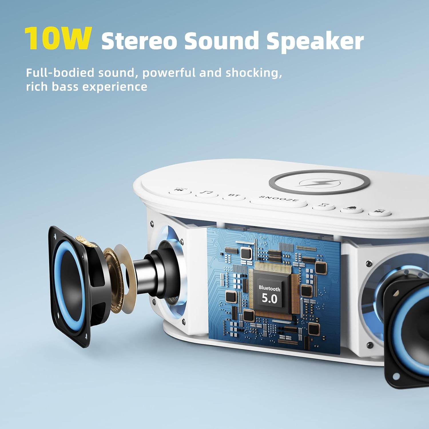 Odokee Sound Machine Alarm Clock Wireless Charger: Bluetooth 10W Stereo Sound Speaker Bedroom - White Noise Machine for Sleeping with 21 So…