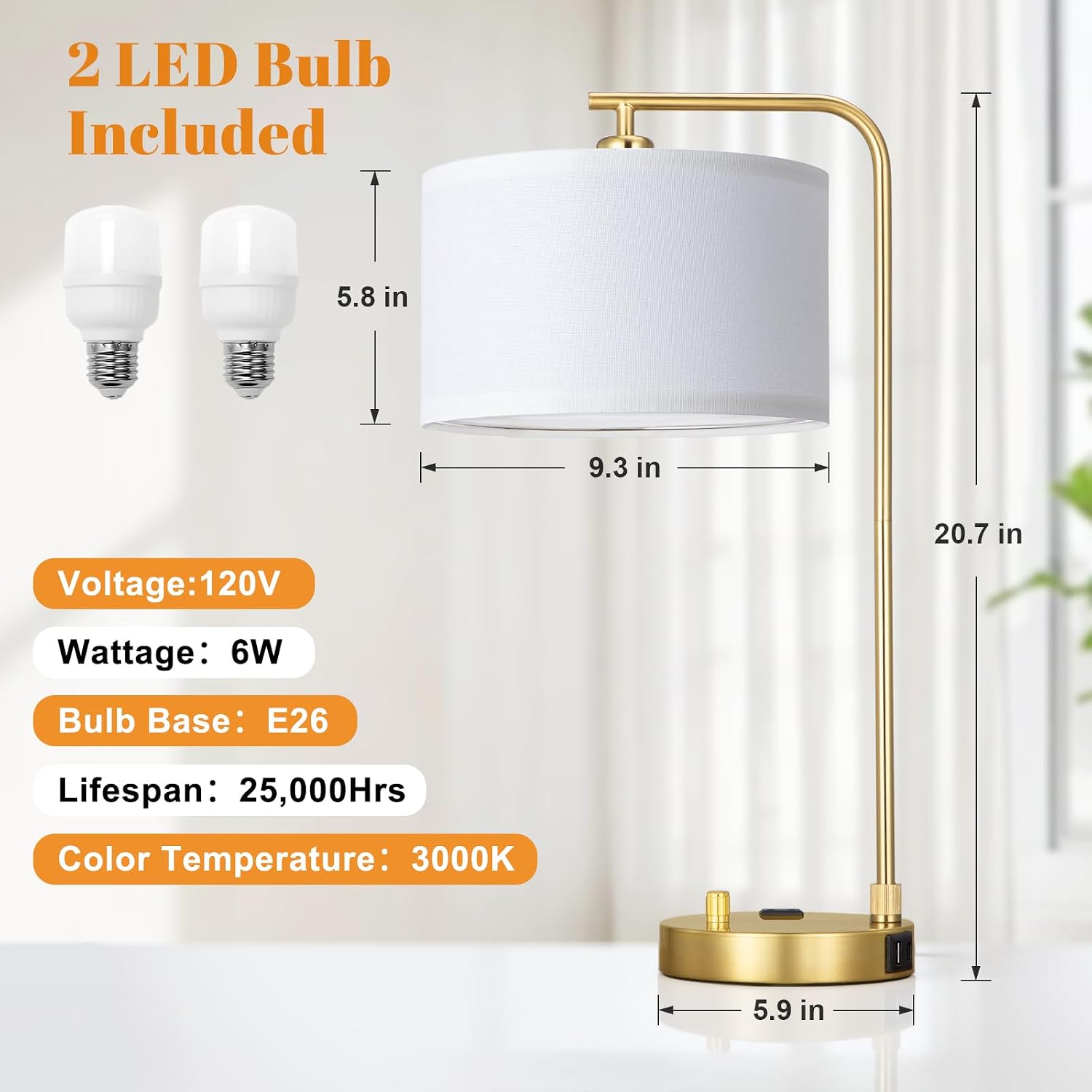 Innqoo Bedside Table Lamps for Bedroom Set of 2-Dimmable Nightstand Lamps with USB Port and Outlet, Modern Gold Lamps with Linen…