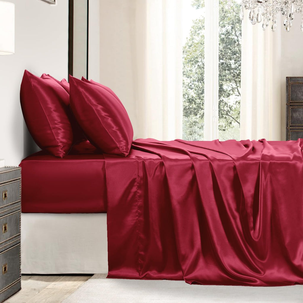 Golal Satin Sheets King Size - 6 Pieces Luxury Silky Soft Bed Sheets, Wrinkle-Free Burgundy Satin Silk Sheet Set with 1 Deep Pocket Fitted…