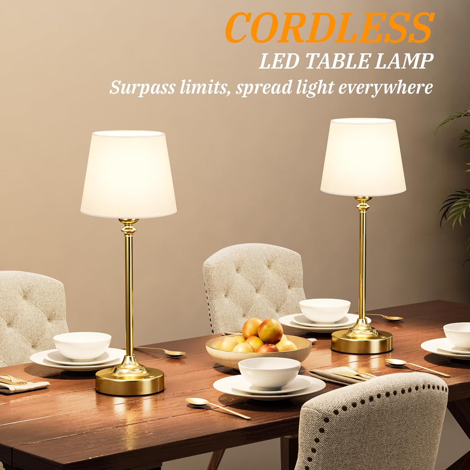Kakanuo Cordless Table Lamps Rechargeable Set - 2 Pack Gold 4000mAH Battery Operated Lamps for Decor, 3000K Stepless Dimming Touch…