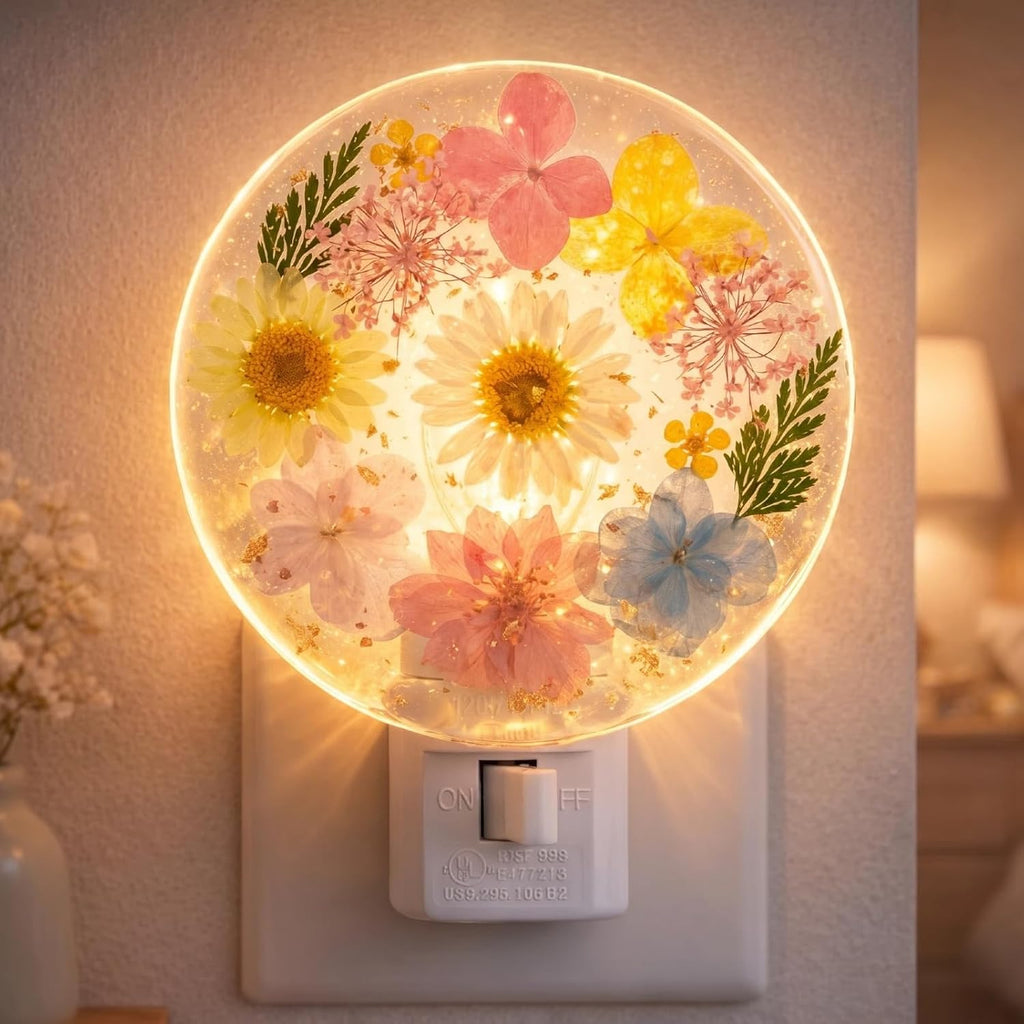 Glooglitter Pressed Flower Night Light Plug in - Handmade Dried Floral Wall Night Light, Soft Glow Decorative Nightlight for Hallway Bedroo…