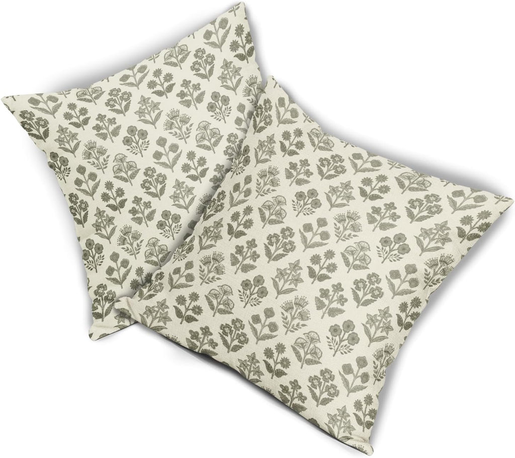 Olive Green Floral Pillow Covers 24x24 Inch Set of 2, Vintage Flower Block Print Pattern Decorative Throw Pillowcases Outdoor Farmhouse…