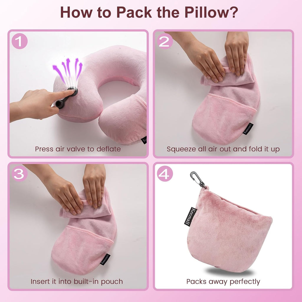Keemall Inflatable Neck Pillow, Premium Pink U-Shaped Travel Pillow with Soft Washable Cover, Compact Portable Airplane Travel Essentials…