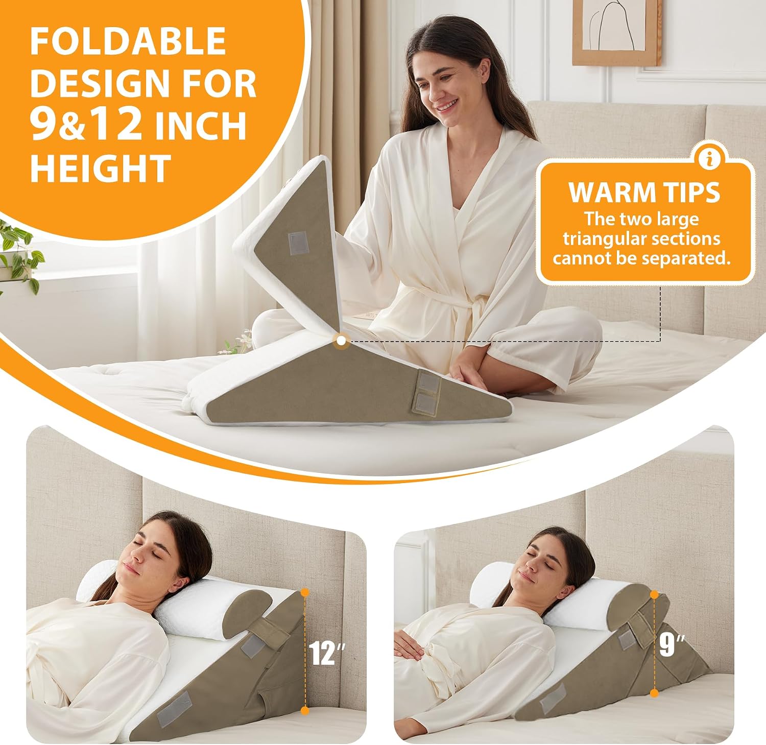 Ruqmuis 3PCS Wedge Pillow Set for After Surgery, Adjustable 9&12 Inch Bed Wedge Pillow for Sleeping, Incline Pillow Wedge for Headboard, Po…
