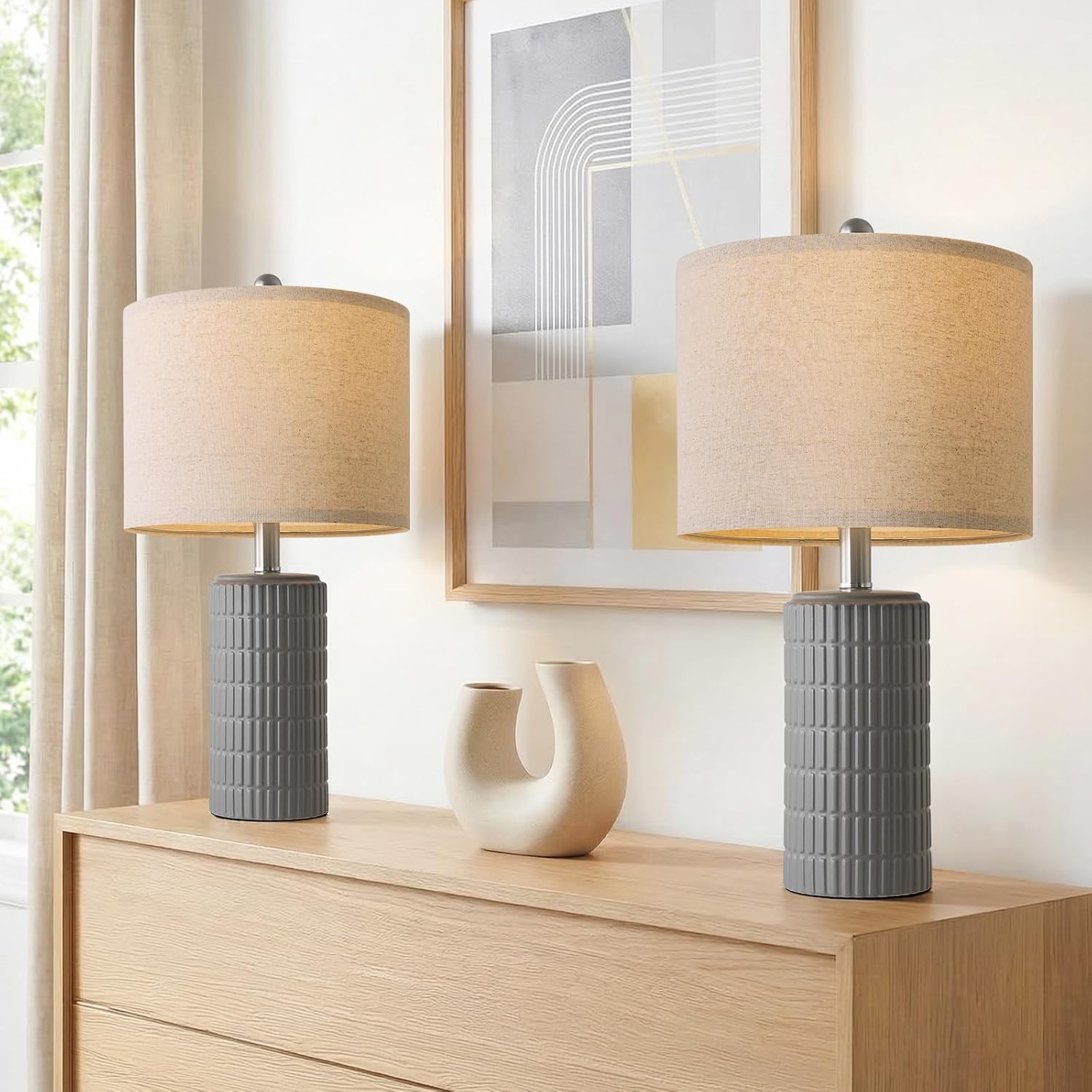 PoKat 20.75'' Ceramic Small Table Lamps for Bedroom, Modern Dark Gray Bedside Lamps Set of 2, Farmhouse Lamps for Living Room with Linen…