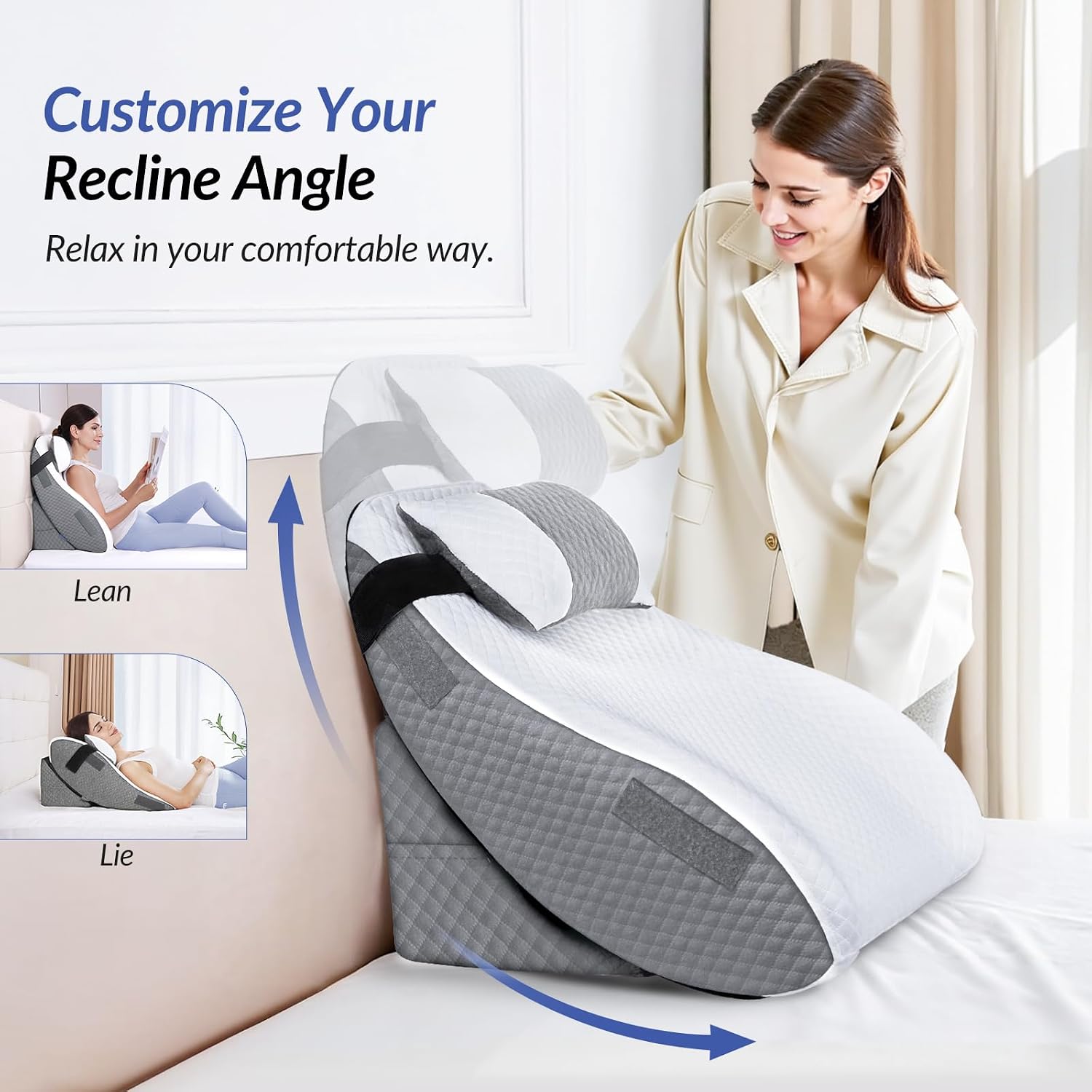 Zikee Adjustable Wedge Pillow Headboard Set for Sleeping & After Surgery, Ergonomic Reading Pillow for Sitting in Bed, Bed Wedge with Memor…