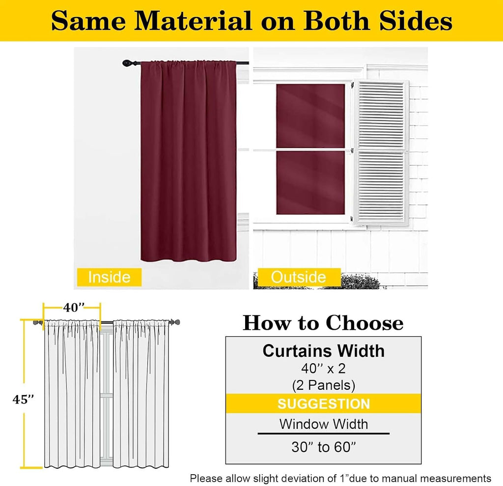 WelvetBLK Burgundy Room Darkening Curtains for Bedroom Living Room 45 Inch Length 2 Panels Set, Soft Solid Thermal Insulated Rod Pocket Sho…