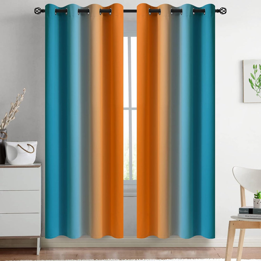 Yakamok Ombre Blue and Orange Curtains for Bedroom, Gradient Room Darkening Curtains, Grommet Thermal Insulated Light Blocking Window Drape…