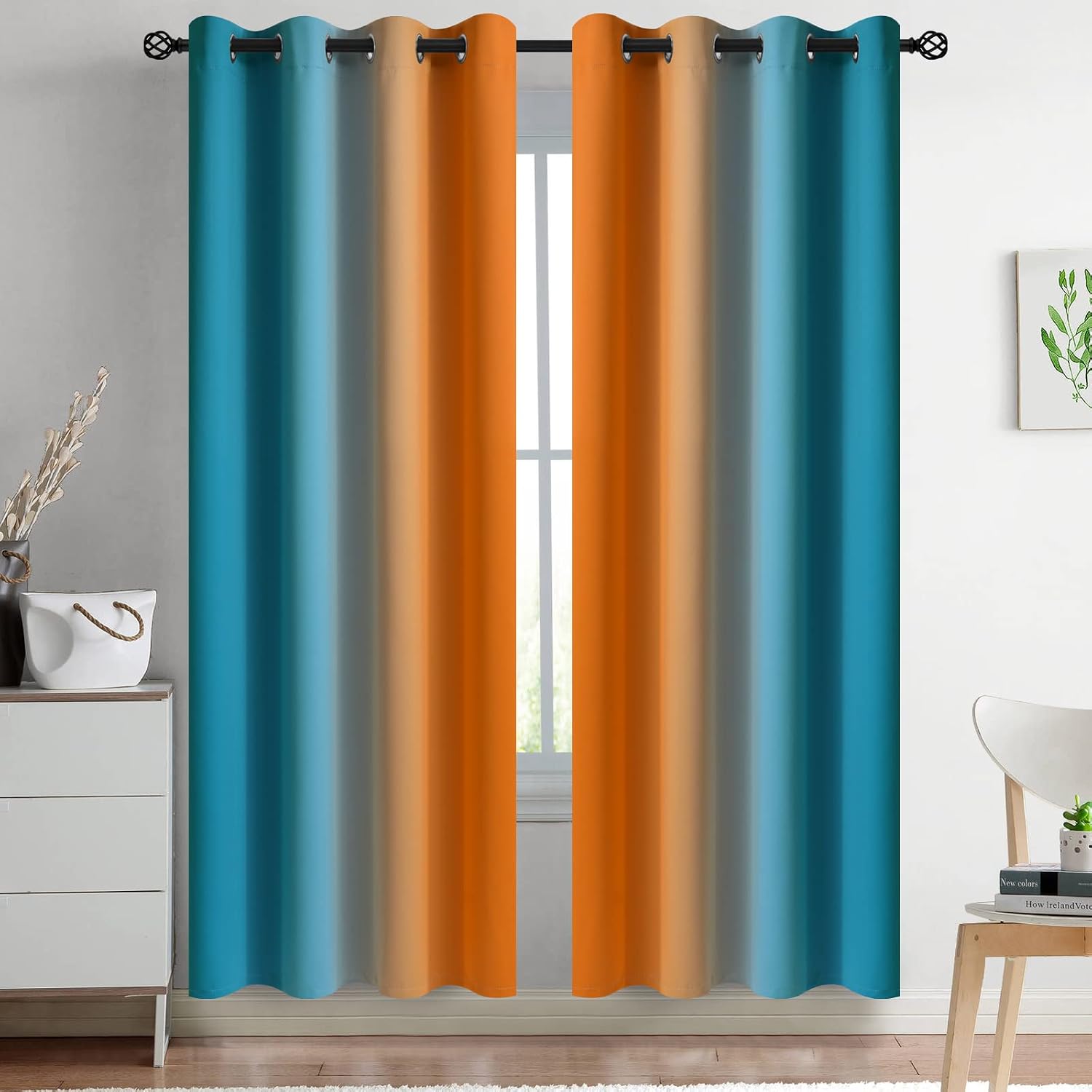 Yakamok Ombre Blue and Orange Curtains for Bedroom, Gradient Room Darkening Curtains, Grommet Thermal Insulated Light Blocking Window Drape…