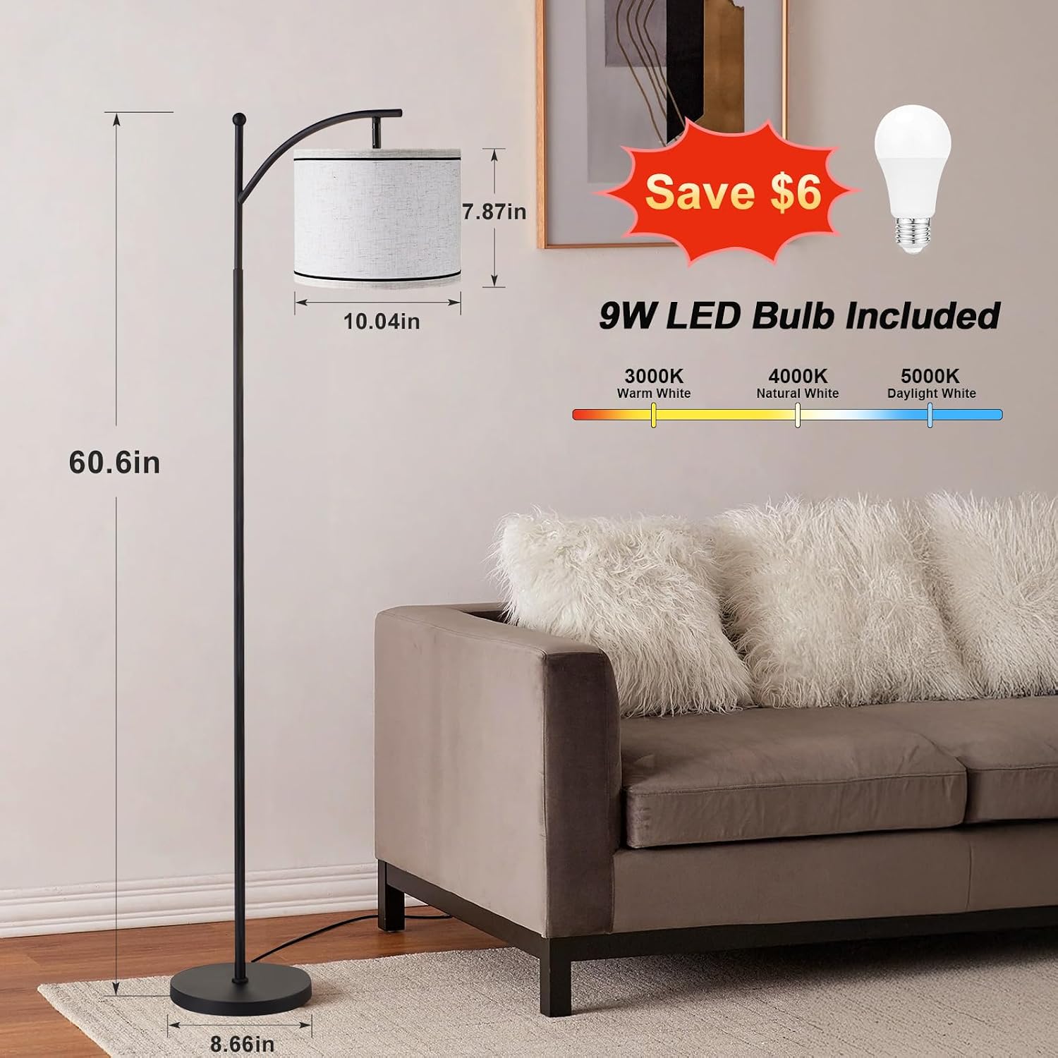 Ambimall 60" Floor Lamp for Living Room with 3 Color Temperatures, Beige Lampshade with Black Stripes, Tall Lamp for Bedroom Office, 9W…