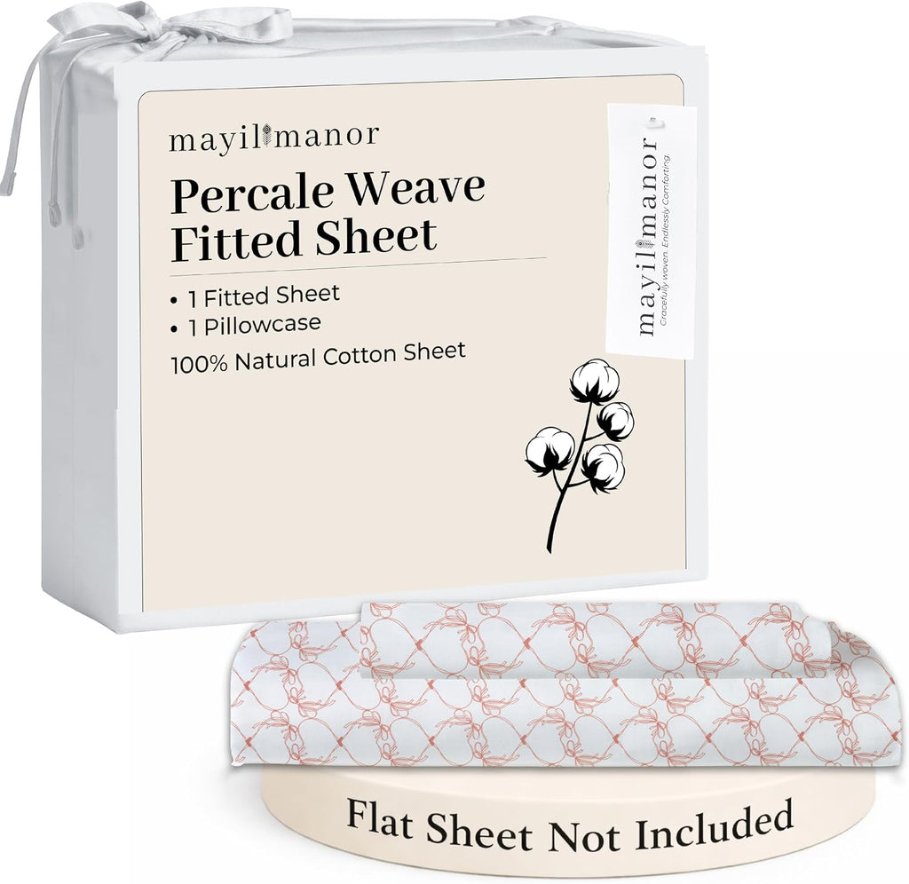 Twin Fitted Sheet with 18" Deep Pockets, No Flat - Percale Weave Natural - Breathable 100% Cotton Printed Bedding, 1 Fitted Sheet + 1…