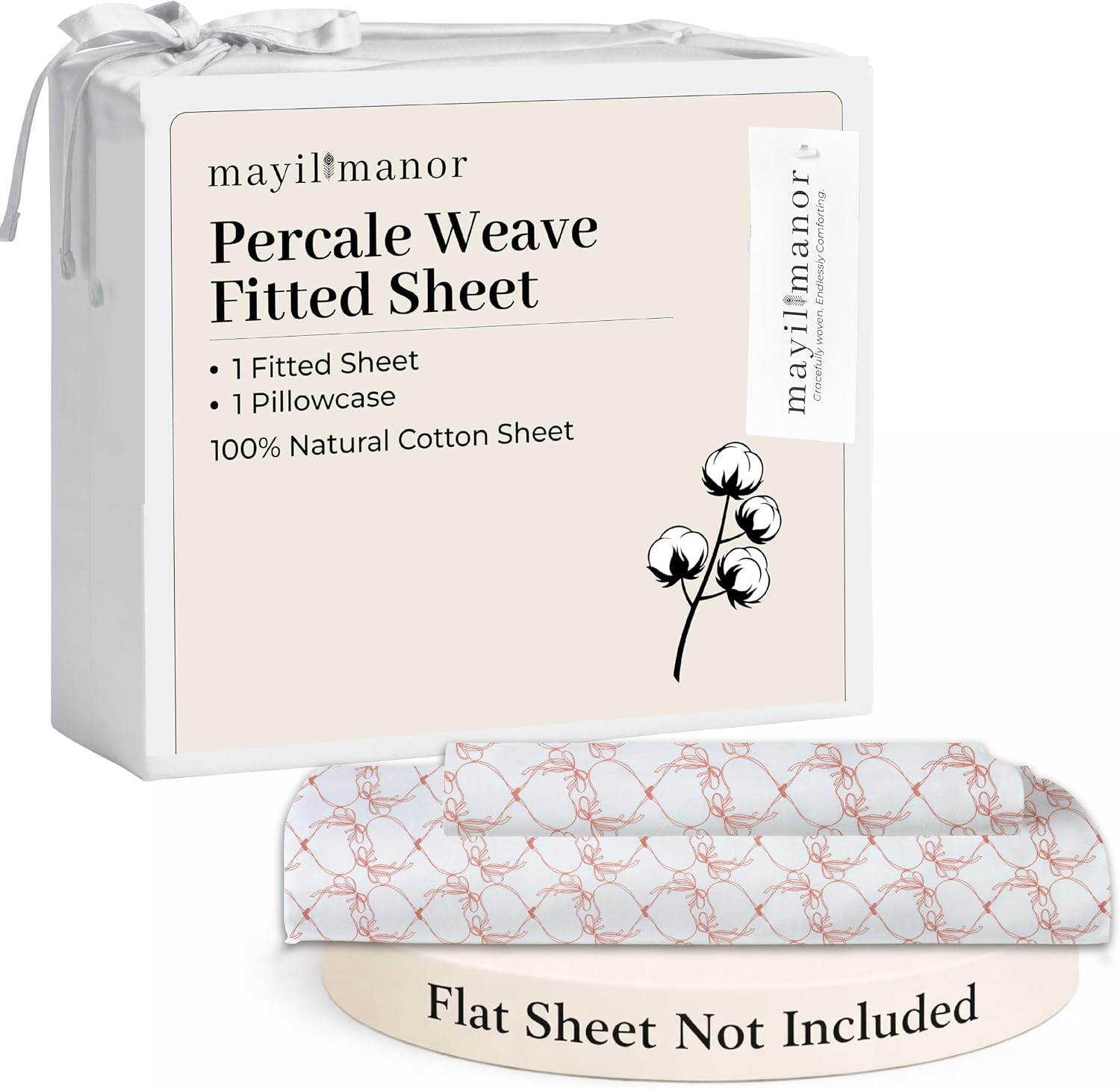 Twin Fitted Sheet with 18" Deep Pockets, No Flat - Percale Weave Natural - Breathable 100% Cotton Printed Bedding, 1 Fitted Sheet + 1…