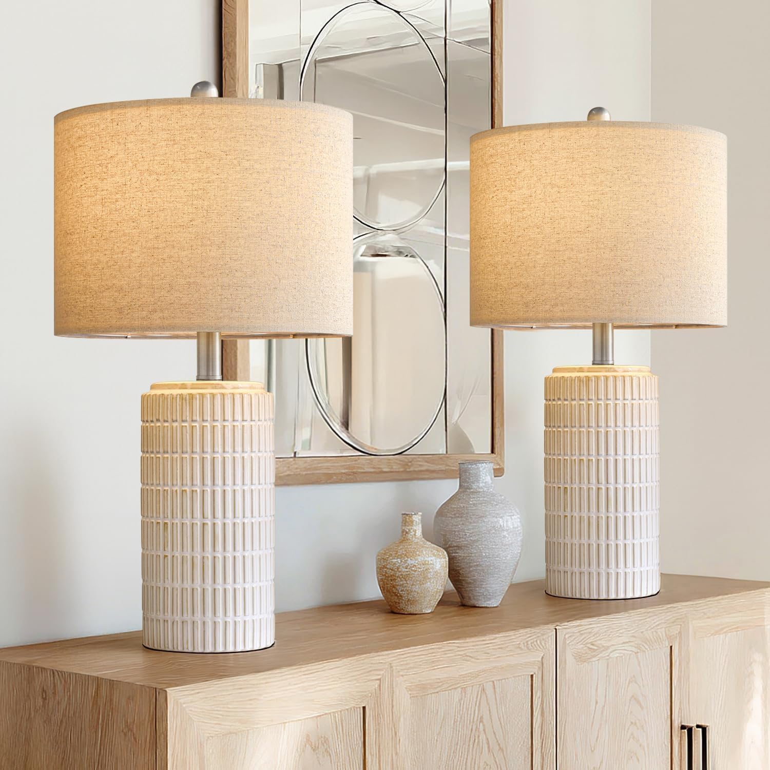 PoKat 24" Modern Ceramic Table Lamps Set of 2 for Bedroom, White Bedside Lamps for Night Stands, Farmhouse Desk Decor Nightstand Table…