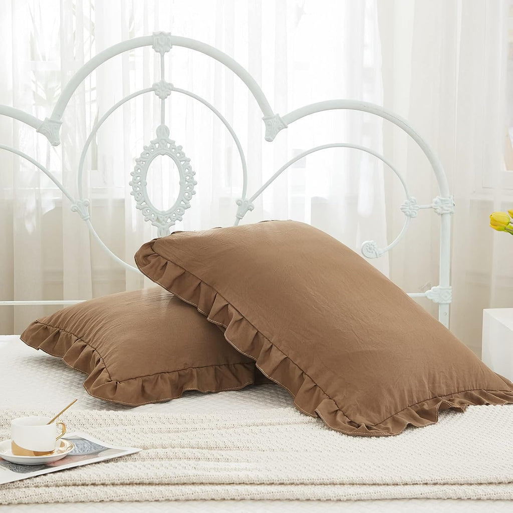 Merryword Brown Ruffle Standard Pillow Shams 20x26inch - Cute Coffee Pillowcases Set of 2 - Shabby Chic Soft Cover 2 Pack 2 Pack