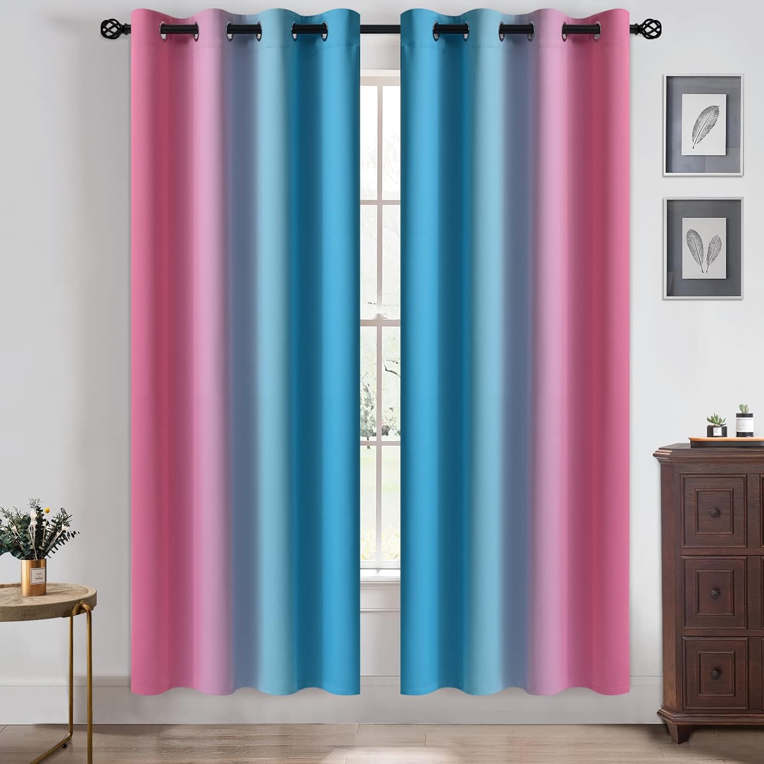 Yakamok Ombre Pink and Blue Curtains for Bedroom, Gradient Room Darkening Curtains, Grommet Thermal Insulated Light Blocking Window Drapes/…