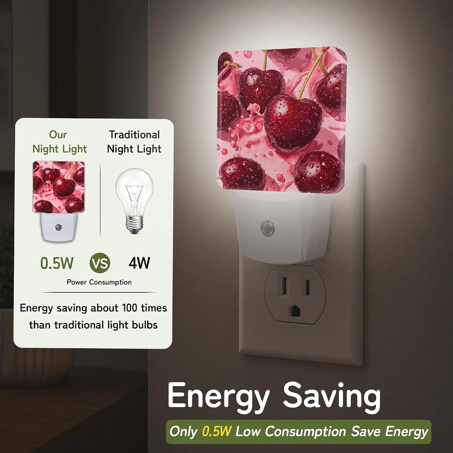 Night Light, Red Cherry Night Lights Plug into Wall for Bedroom Bathroom Hallway Kitchen, Dusk to Dawn Sensor Decorative Gift for Women…