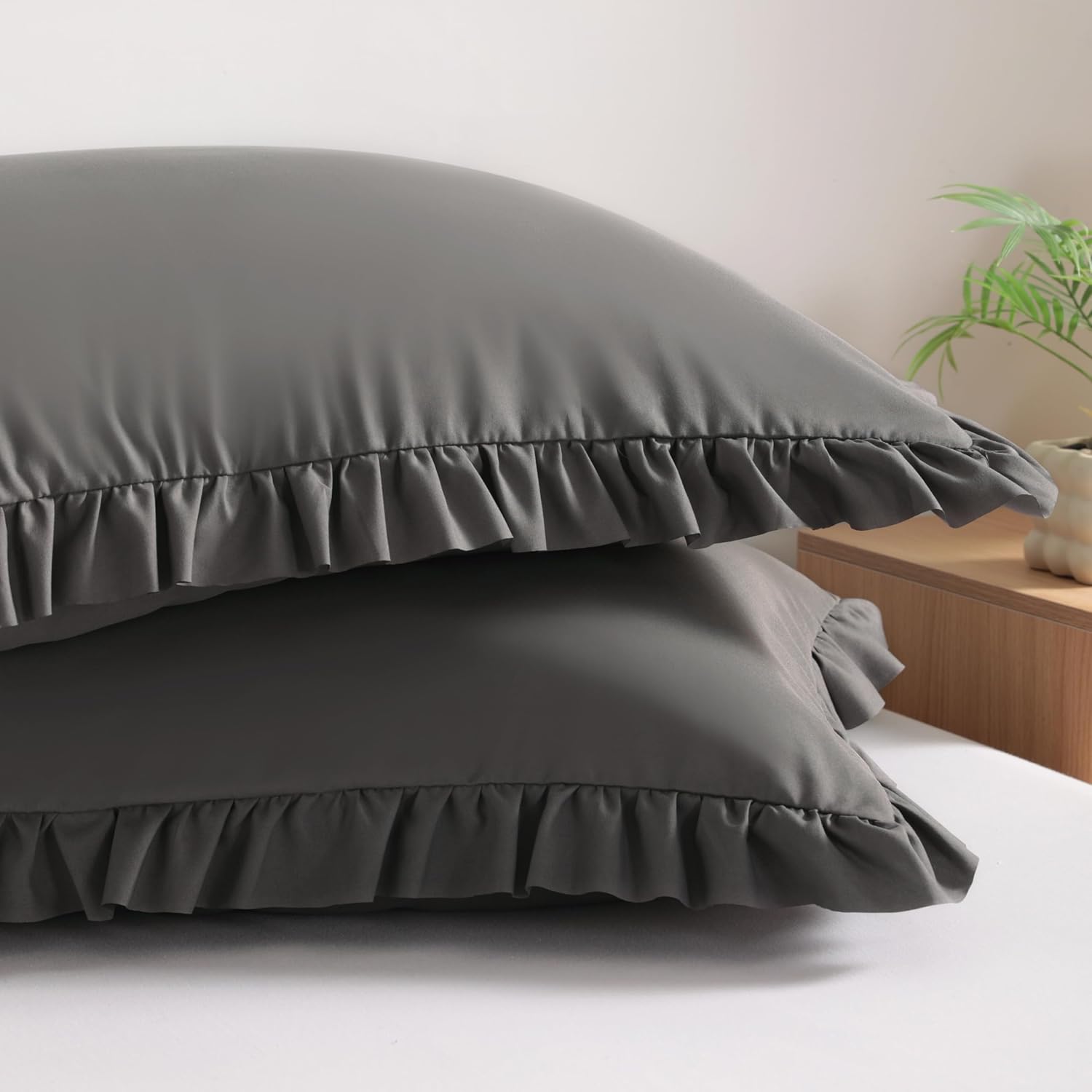 Bedsum Ruffled Pillow Shams Standard 20x26 Set of 2, Brushed Microfiber Pillowcases with Envelope Closure, Soft Wrinkle-Resistant, Dark Gre…