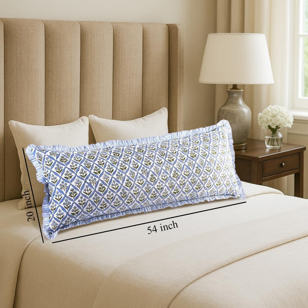 Ridhi Block Print Light Steel Blue 54"x20" Set 1-100% Cotton Ruffle Lumbar Sham Cover Boho Floral Pillowcase, Farmhouse Cottagecore…