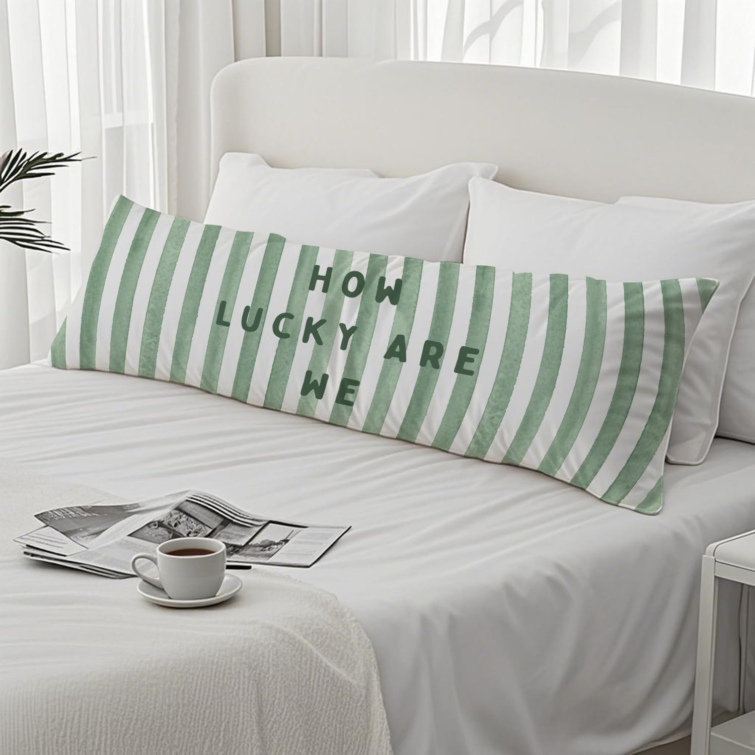 How Lucky are We Sage Green 20x54 Body Pillow Cover, Preppy Room Decor Aesthetic, Trendy Sage Green Stripes Minimalist Decorative Long…