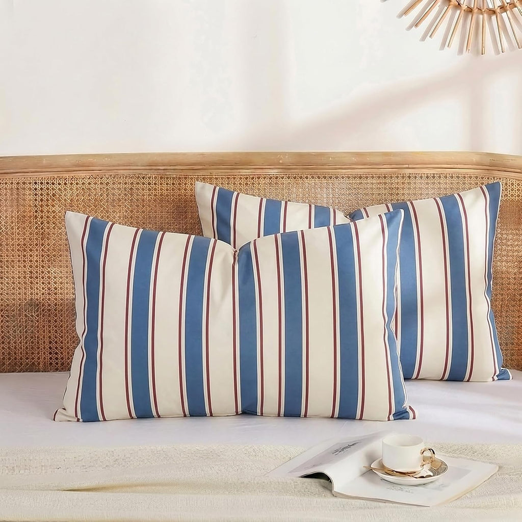 Merryword White and Blue Striped Pillowcases, 100% Cotton Pillow Cases, King Size Pillowcases, Luxury Linen Like Pillowcase, Soft Breathabl…