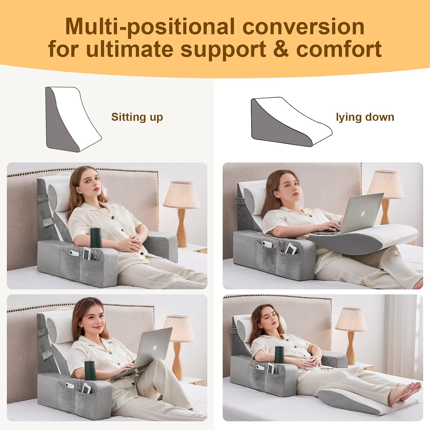 Yojoker 5pcs Reading Pillow for Adults Sitting in Bed – Back Pillow for Bed Sitting Up with Arms, Pockets & Cup Holder, Sit-Up Backrest Pil…