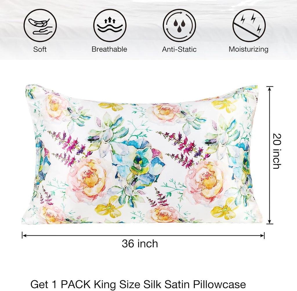 MANSPHIL Pink Blue Floral Silk Pillowcase King, Reversible Satin Pillow Cases for Hair and Skin Envelope Closure, 22 Momme 6A Grade 100%…