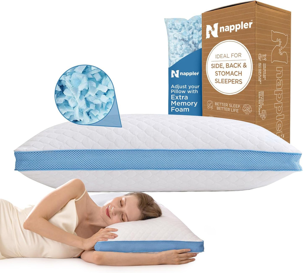 Nappler Side and Back Sleeper Pillow for Neck and Shoulder - Shredded Memory Foam Bed Pillow for Sleeping - 100% Adjustable Fill - Standard…