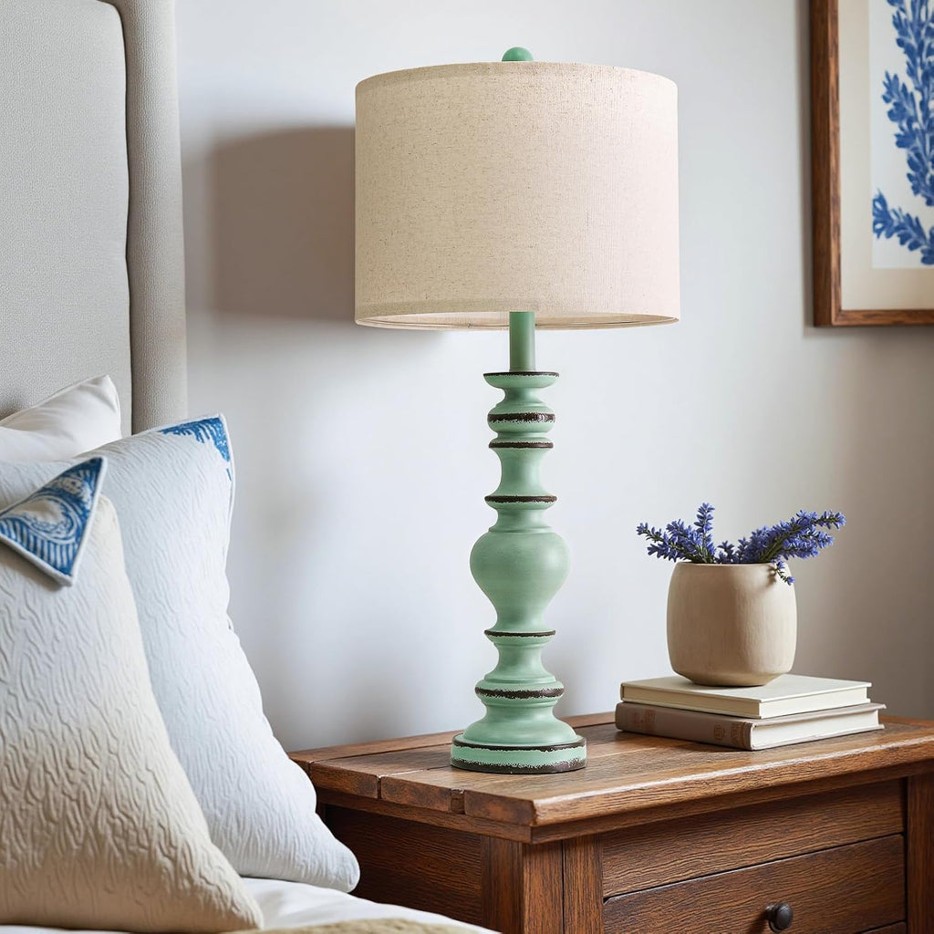 BOBOMOMO 27" Distressed Teal Table Lamps Set of 2, Large Coastal Farmhouse Resin Lamps with Linen Shades, Blue Green Lamps for Living…