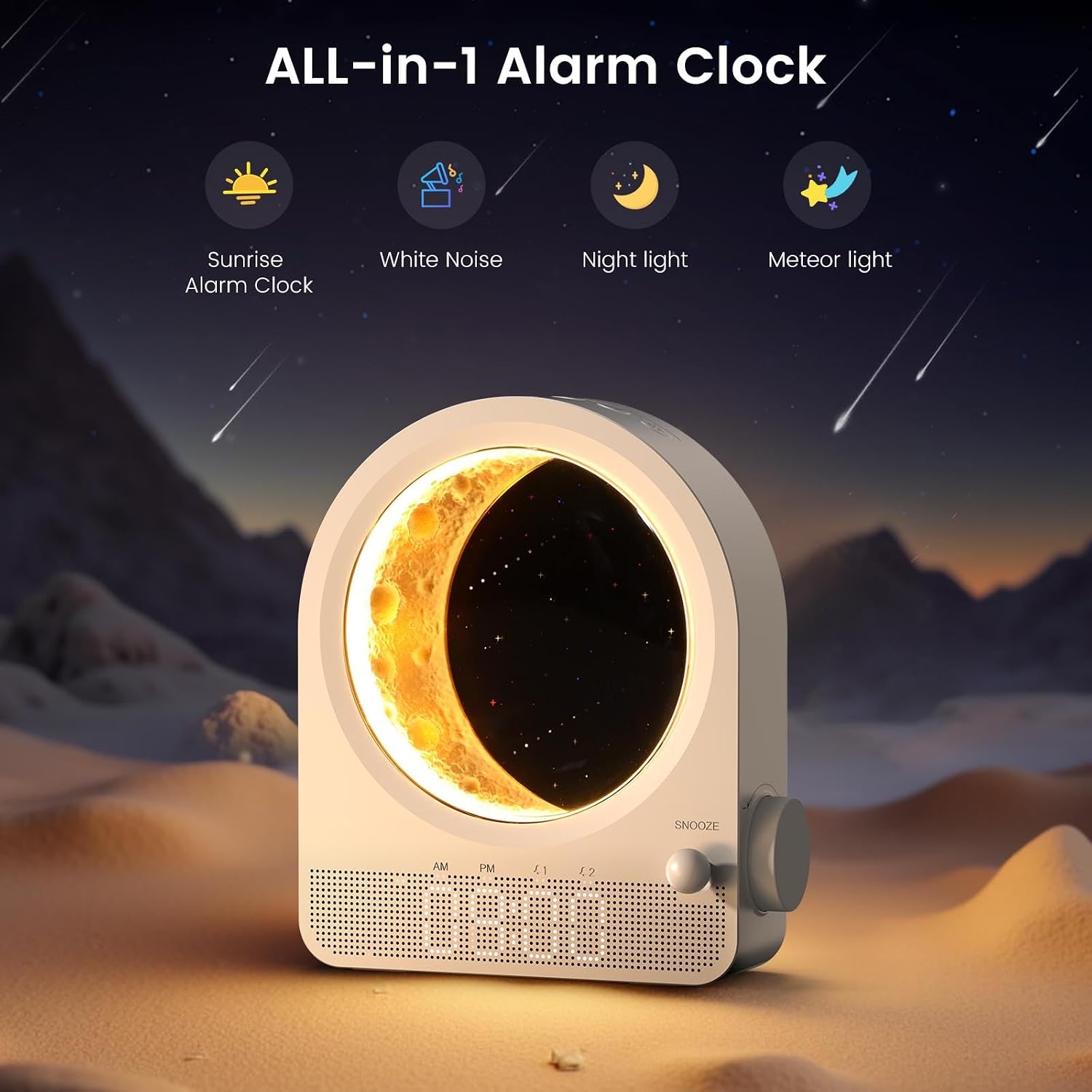 Epochleno Sunrise Alarm Clock, White Noise Machine & Meteor Moonlight - 10 Soothing Sounds, Dual Alarms, 30/60/90min Timer, Easy Snooze - B…