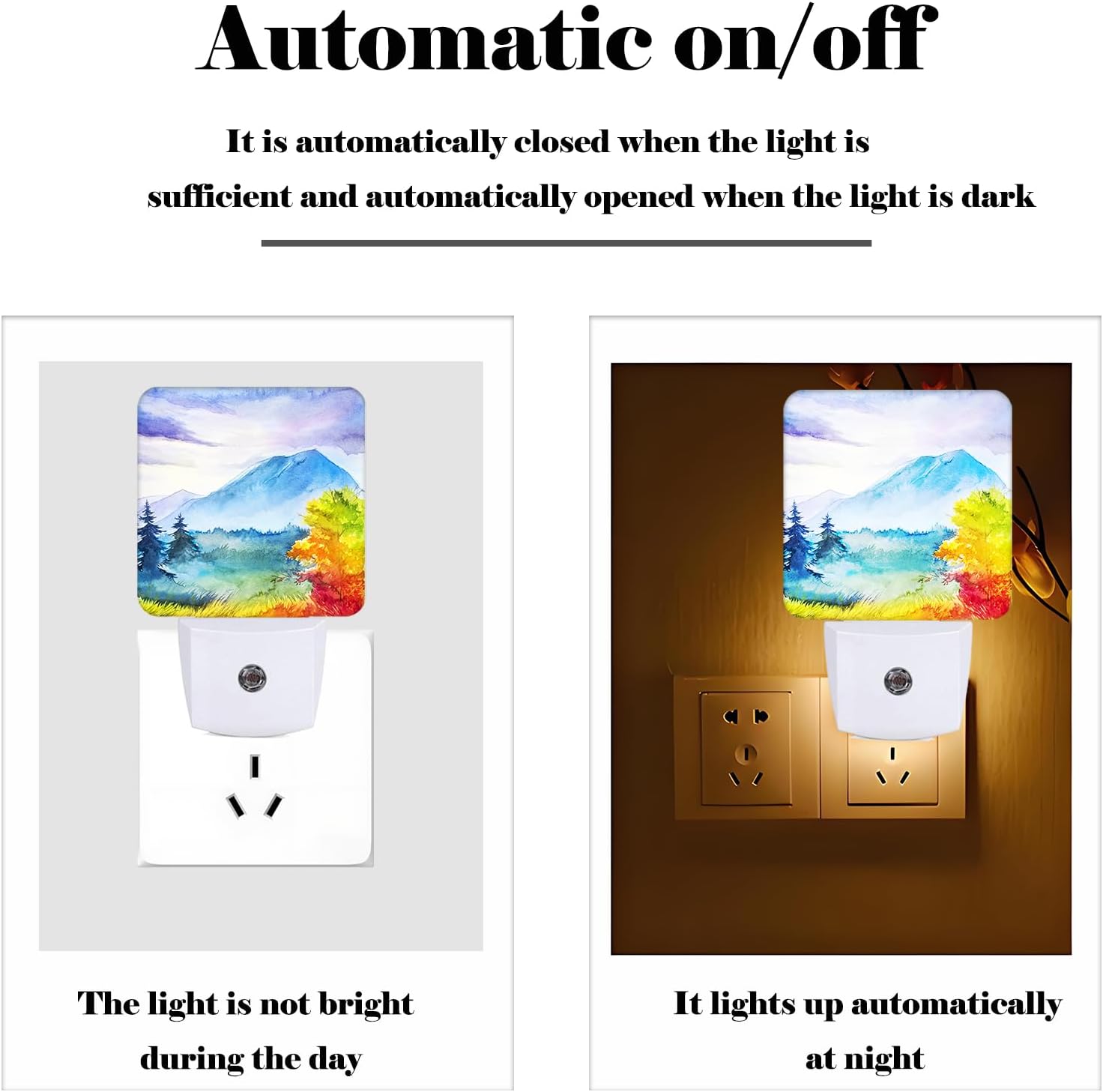 Watercolor Mountains and Forest Night Light, Plug Into Wall for Boys Girls Bedroom Decorative Square Night Light Lamp 0.5w Sleep Friendly
