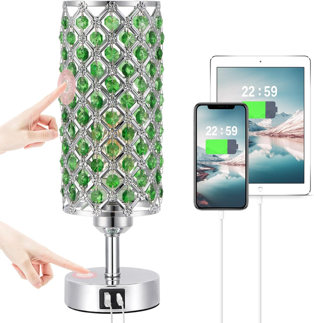 Hong-in Green Crystal Table Lamp - 3-Way Dimmable Touch Control, Bedside Lamp with USB C and A Ports, Nightstand Light for Living Room…