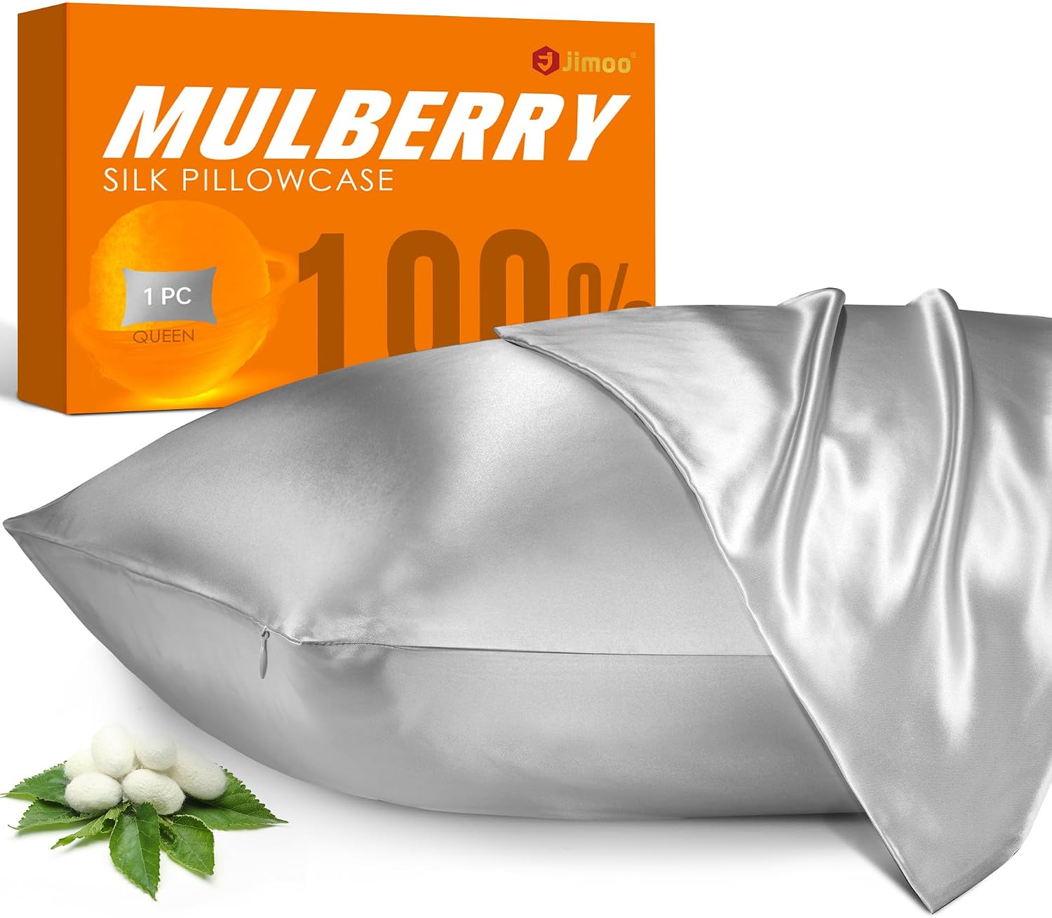 Jjimoo 100% Mulberry Silk Pillowcase for Hair and Skin, 22 Momme Pure Natural Silk Pillow Case Both Sided with Zipper, Pillow Cover for Wom…