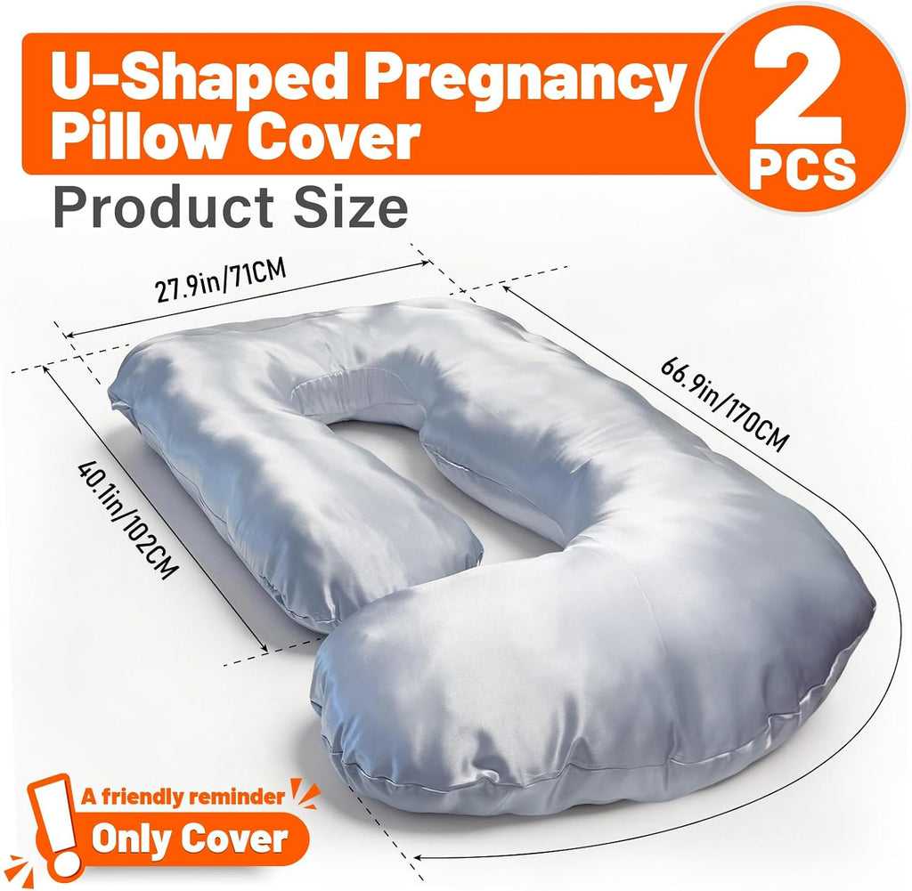 JZHLLA Maternity Pillow Cover, Silky Satin Fabric Removable & Washable U-Shaped Smooth Pregnancy Pillow Cover with Hidden Zip(Grey,2 PCS)