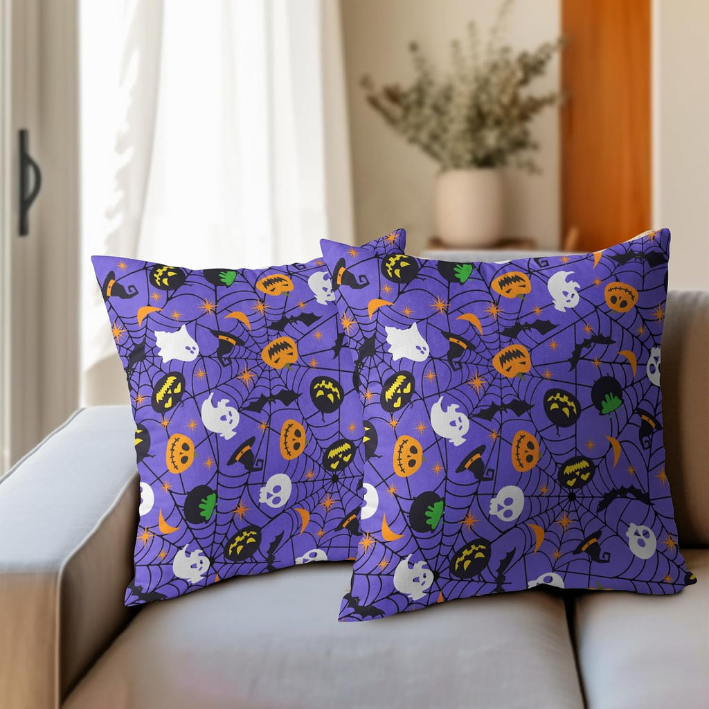 Halloween Purple Throw Pillow Covers 22x22 inch Set of 2 Humour Pumpkins Ghost Skeleton Bat Web Decorative Pillowcase Holiday Cotton…