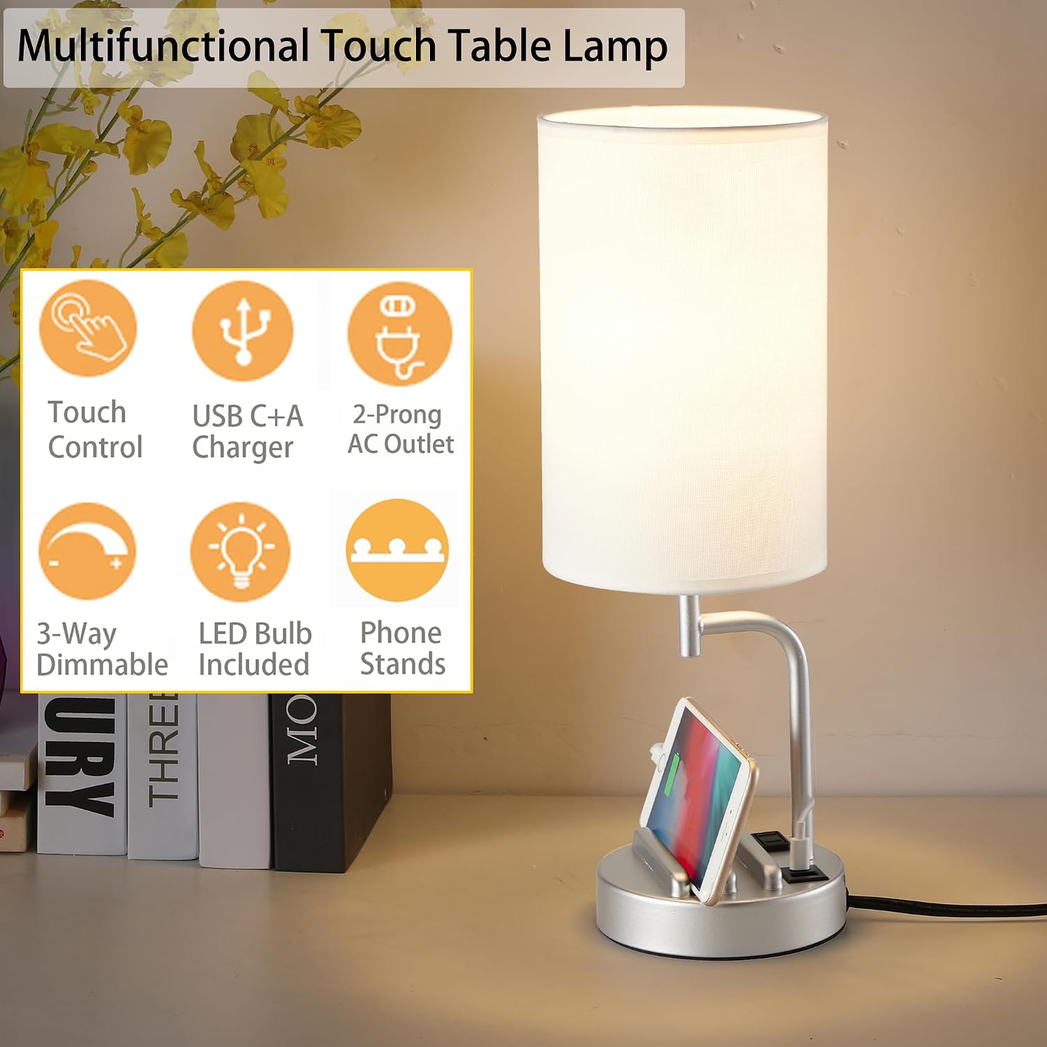 Dreamholder Touch Control USB Table Lamp, Upgraded 3-Way Dimmable Bedside Desk Lamp with USB C & A Charging Ports and AC Outlet…