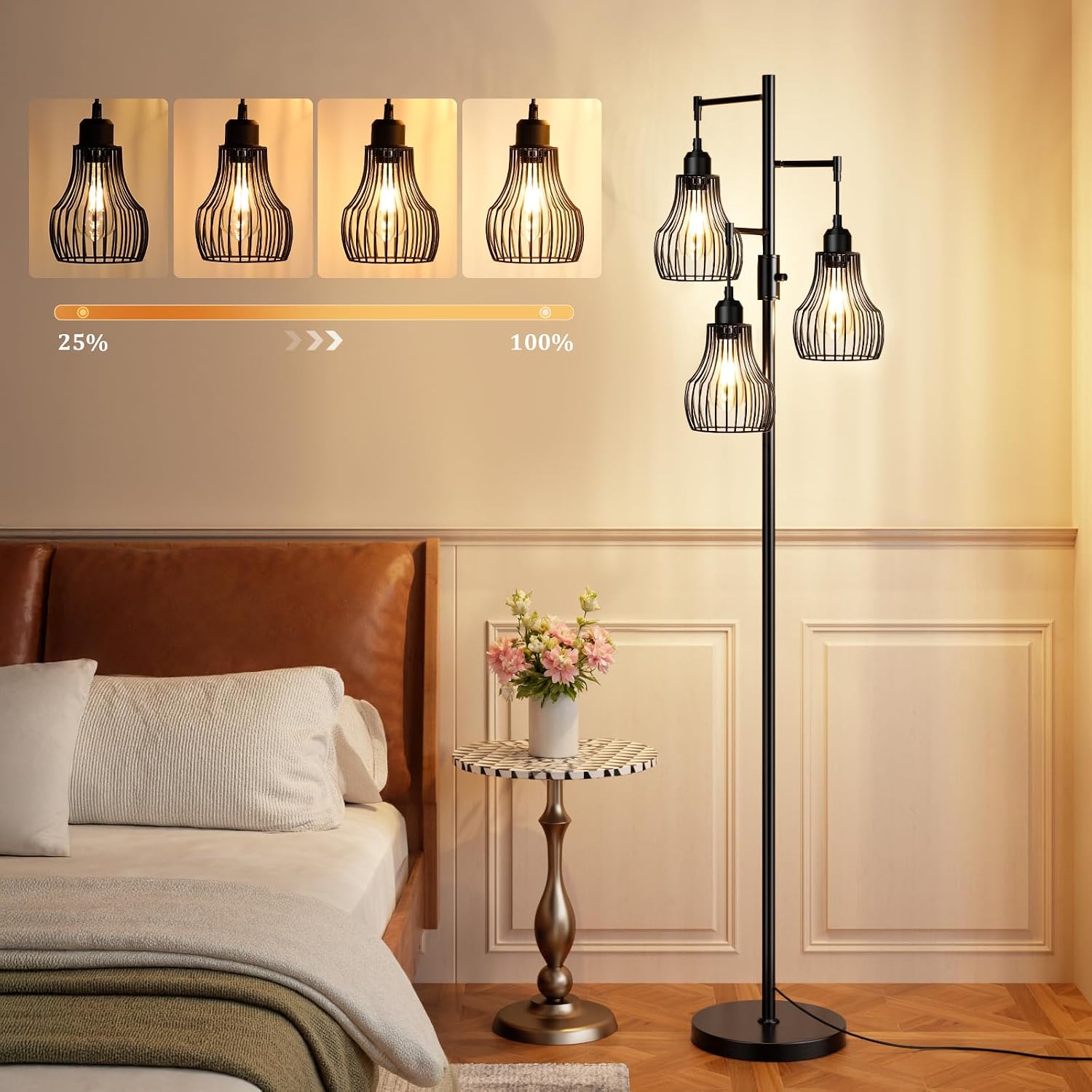 Ziisee Dimmable Floor Lamp, 3 x 800LM LED Edison Bulbs Included, Farmhouse Industrial Floor Lamp Standing Tree Lamp with Elegant Cage…