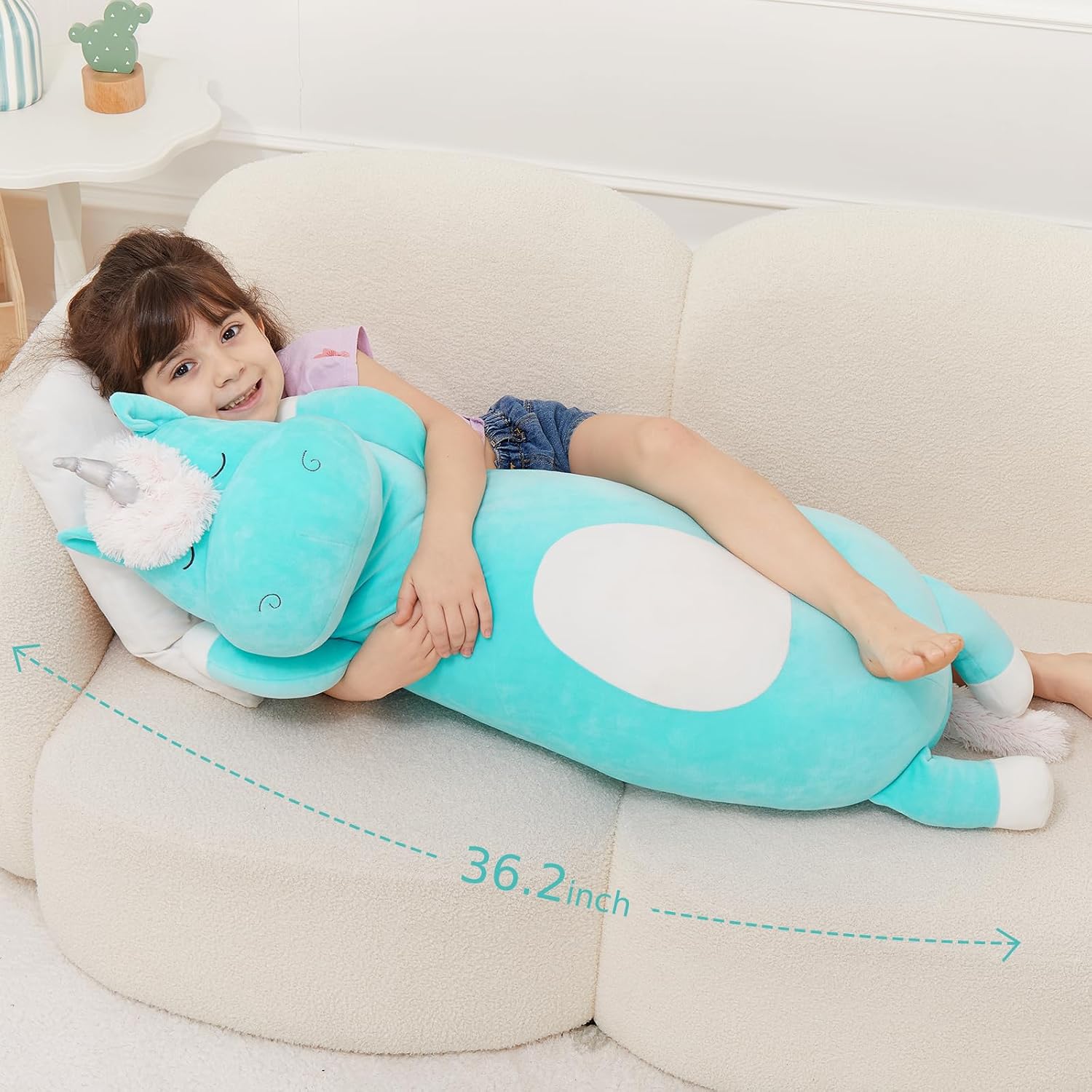 MorisMos Plush Unicorn Body Pillow, 36.2'' Giant Unicorn Stuffed Animal, Soft Unicorn Pillow, Long Hugging Plush Toy for Kid Girl Boy Adult