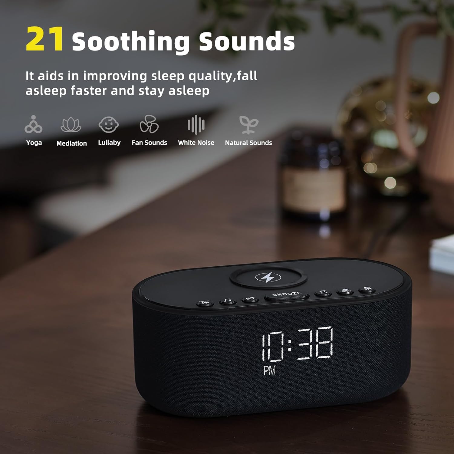 Odokee Sound Machine Alarm Clock for Bedrooms: Bluetooth 10W Stereo Sound Speaker with Wireless Charging - White Noise Machine for Sleeping…