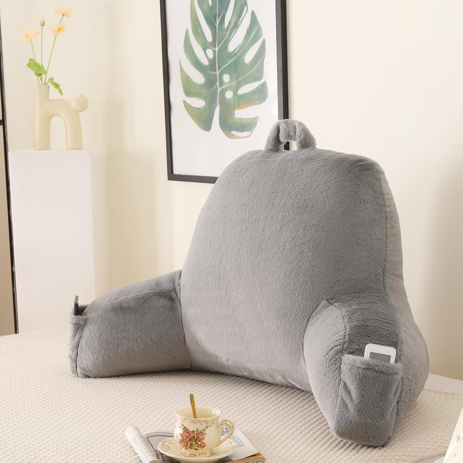 Pajeo Large Plush Backrest Pillow for Sitting in Bed, Faux Fur Sitting Pillow with Support Arms, Oeko-TEX Certified Aesthetic Lounging Pillow…