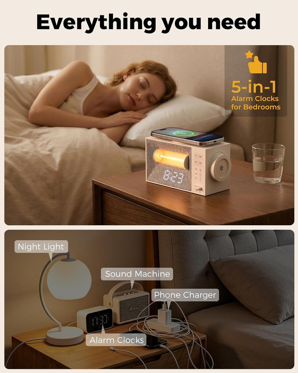 BokefoPersonalCare Alarm Clock with 15W Wireless Charger, White Noise Machine with 20 Soothing Sounds, Sunrise Wake Up Light for Bedrooms,…