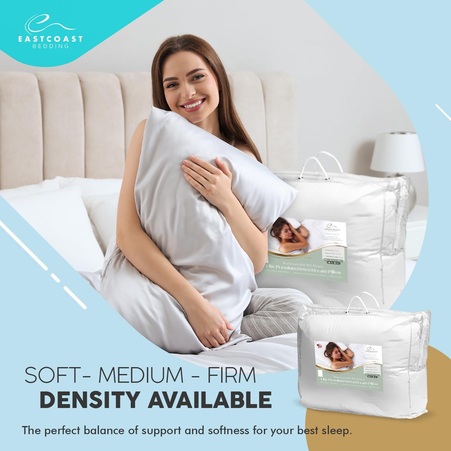 East Coast Bedding 100% White Down Pillow, No Feathers, 600 Fill Power, 400 Thread Count Cotton Shell, Firm Loft, King 20x36, 1 Pack
