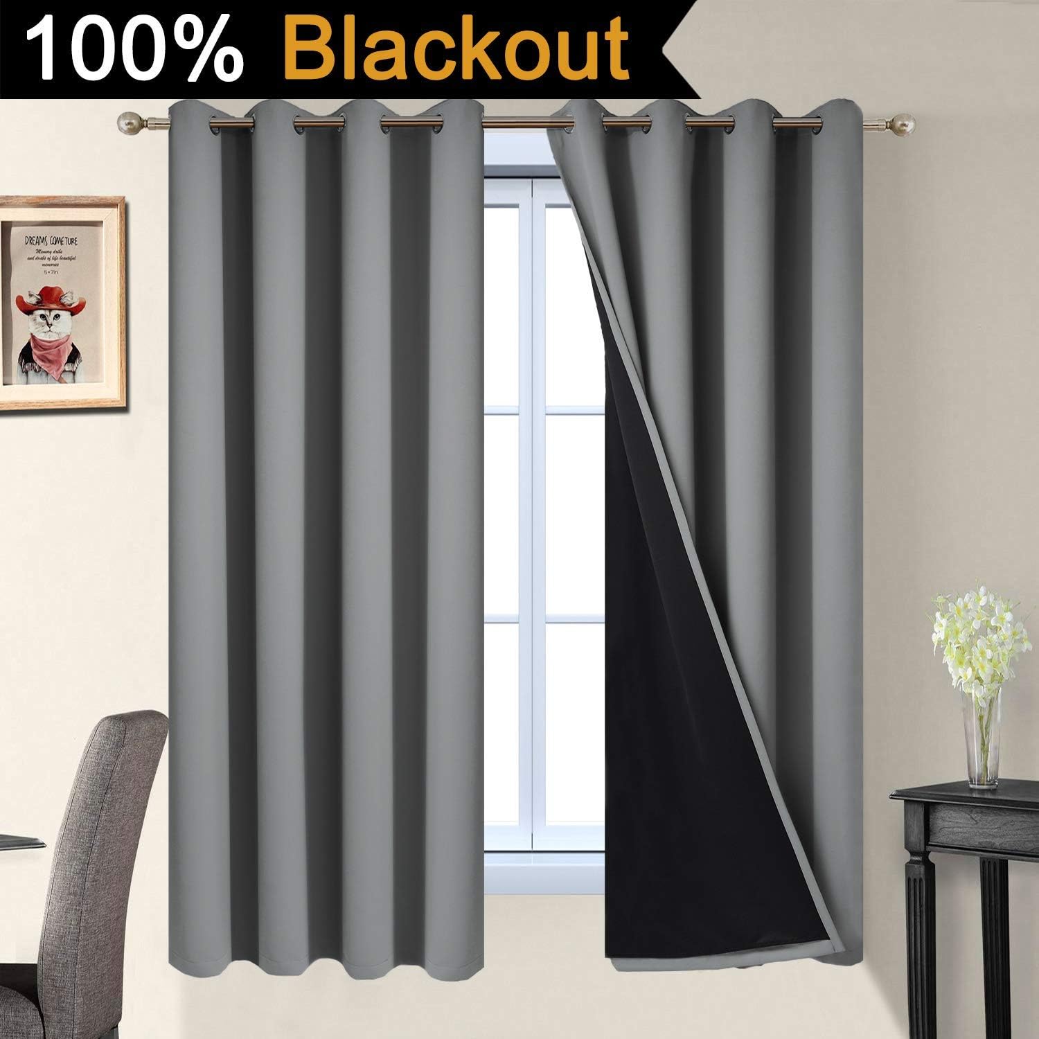 Yakamok Soft and Smooth Full Shading Curtains, 100% Blackout Curtains for Bedroom, 2 Thick Layers Thermal Insulated Drapes with Black Liner…