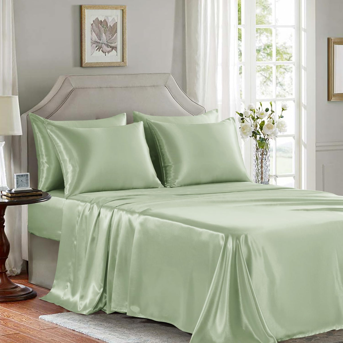 Golal Satin Sheets Queen Size - 6 Pieces Luxury Silky Soft Bed Sheets, Wrinkle-Free Sage Green Satin Silk Sheet Set with 1 Deep Pocket Fitt…