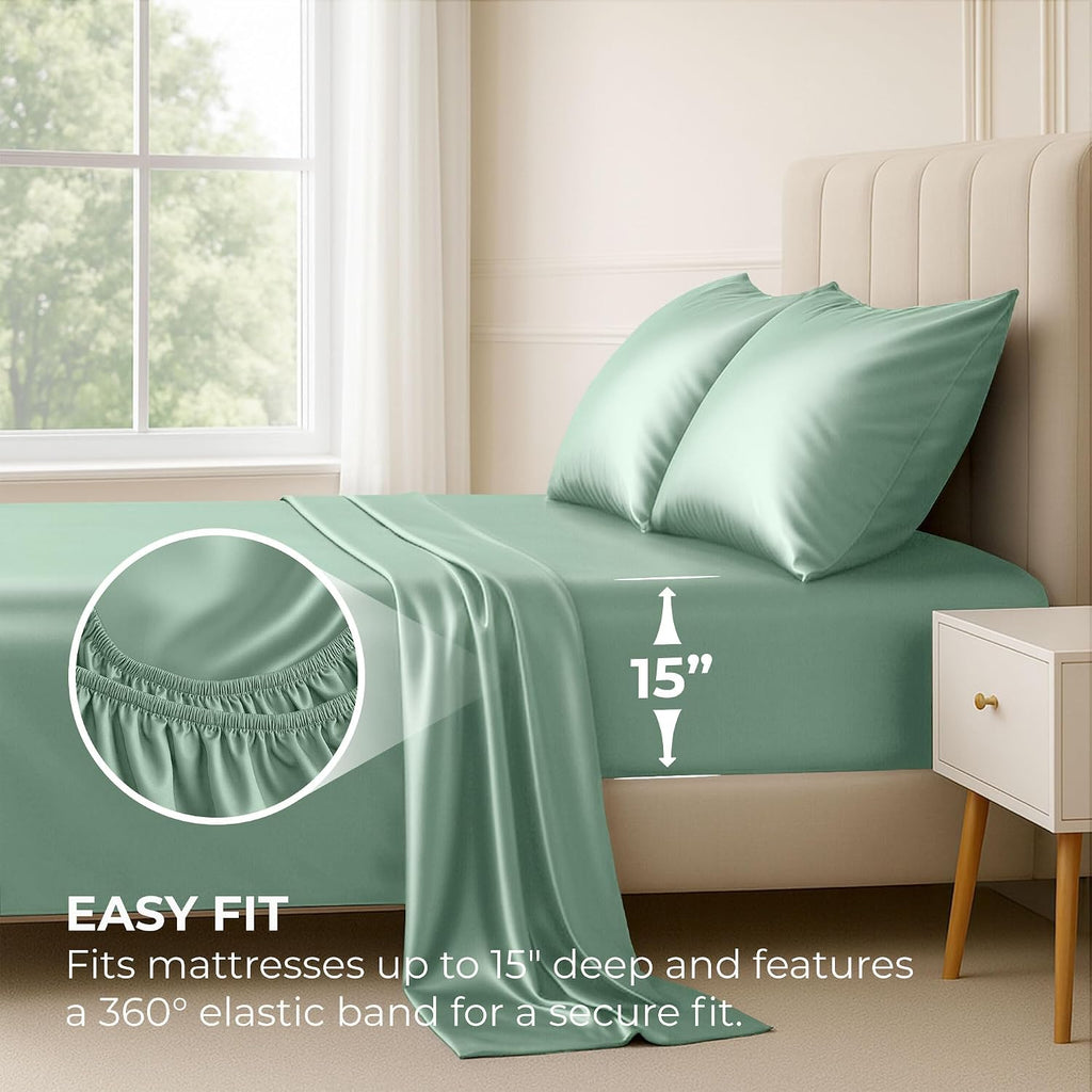 PureBedding Satin Sheets King [4-Piece, Champagne Green] Hotel Luxury Silky Bed Sheets - Extra Soft 1800 Microfiber Sheet Set, Wrinkle, Fad…